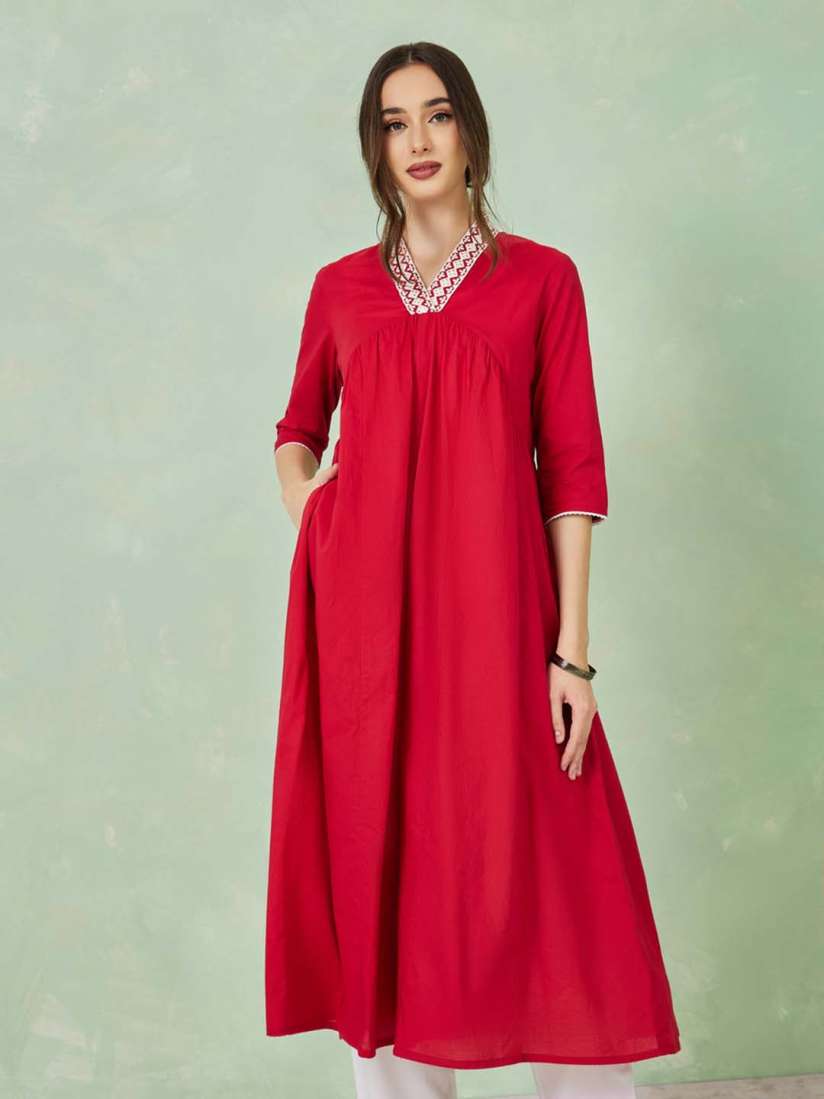Buy Styli Red V Neck Thread Work Cotton Anarkali Kurta Kurtas for Women 25650922 Myntra