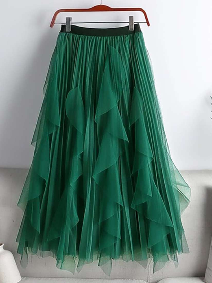 Green pleated flared skirt cheap