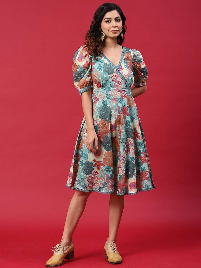 Midi Dress Aks Dresses Myntra AKS Floral Printed Belted Shirt Midi Cotton  Dress