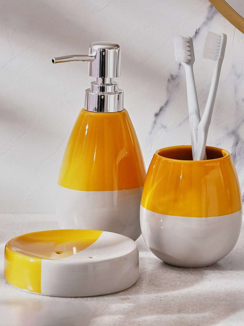 Buy Home Centre Petrichor Presto Yellow 3 Pcs Colourblocked Ceramic Bathroom Accessory Set Bathroom Accessories for Unisex 25656150 Myntra