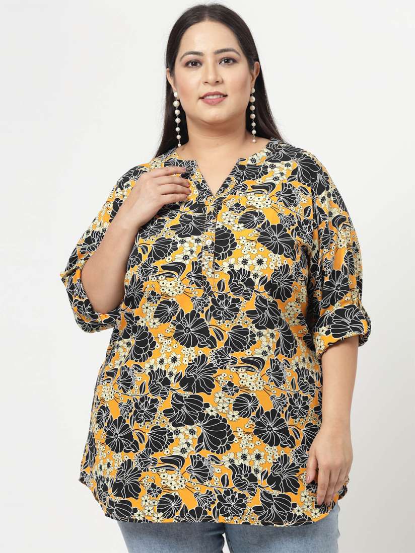Buy plusS Mustard Plus Size Floral Printed Mandarin Collar Long Sleeves Longline Tops Tops for Women 25661400 Myntra