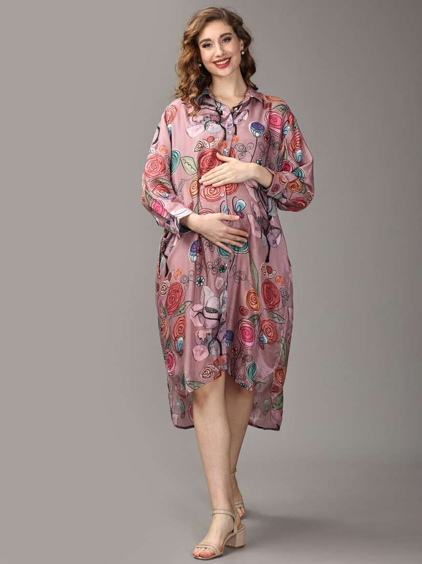 Buy The Mom Store Floral Printed Shirt Collar Shirt Midi Cotton Maternity Dress Dresses for Women 25684798 Myntra