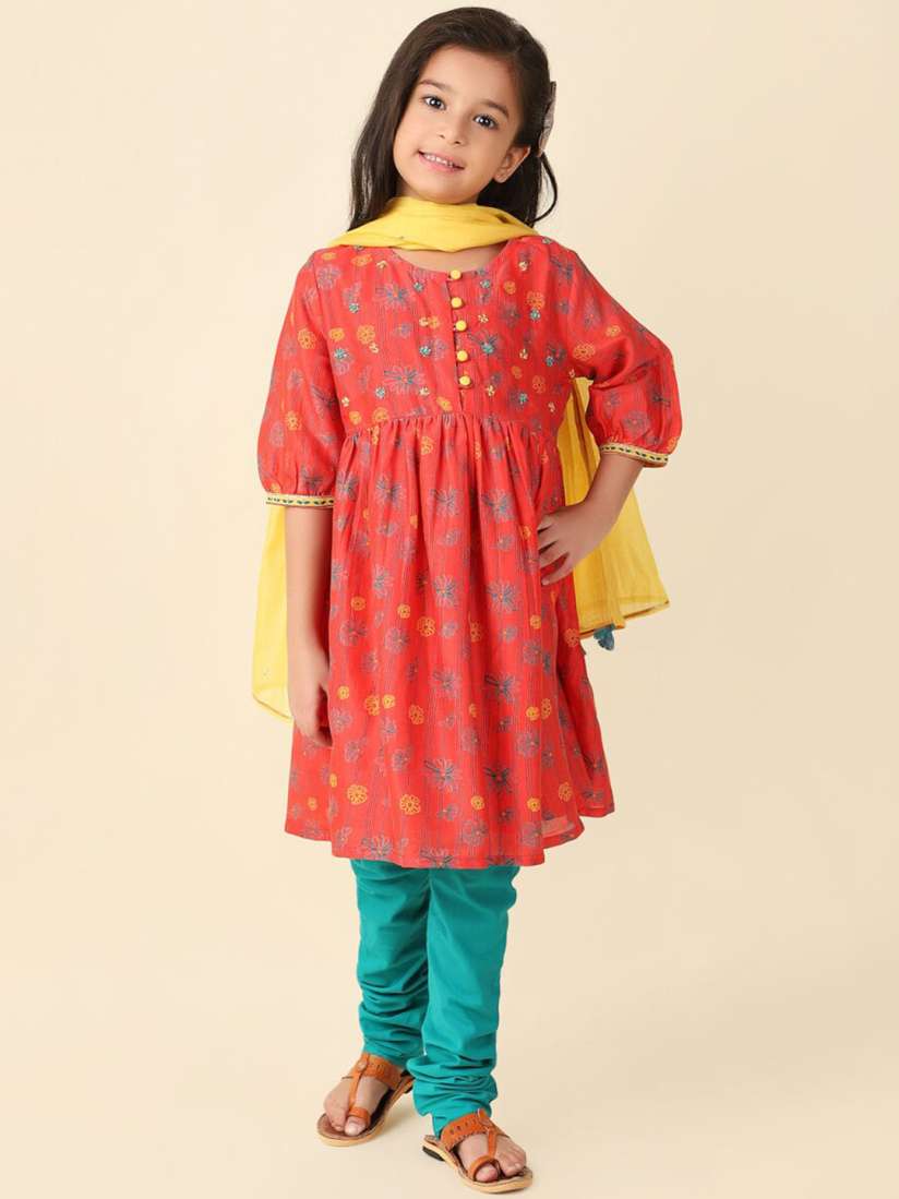 Buy Fabindia Girls Floral Printed Sequinned Anarkali Empire Kurta With Churidar Dupatta Kurta Sets for Girls 25692162 Myntra