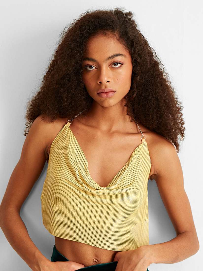 Buy COVER STORY Yellow Embellished Bling Sparkly Cowl Neck Crop Top Tops for Women 25696300 Myntra