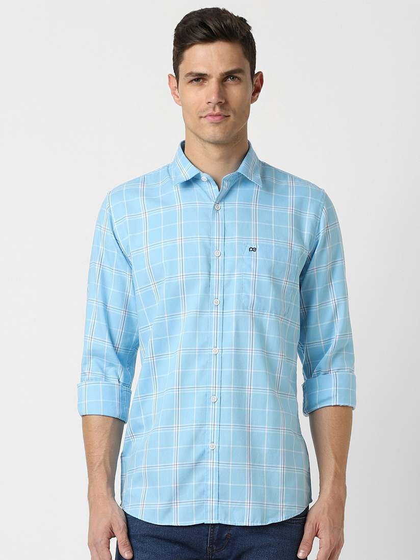 Check Peter England Shirts Men Blue Check Half Sleeves Casual Shirt