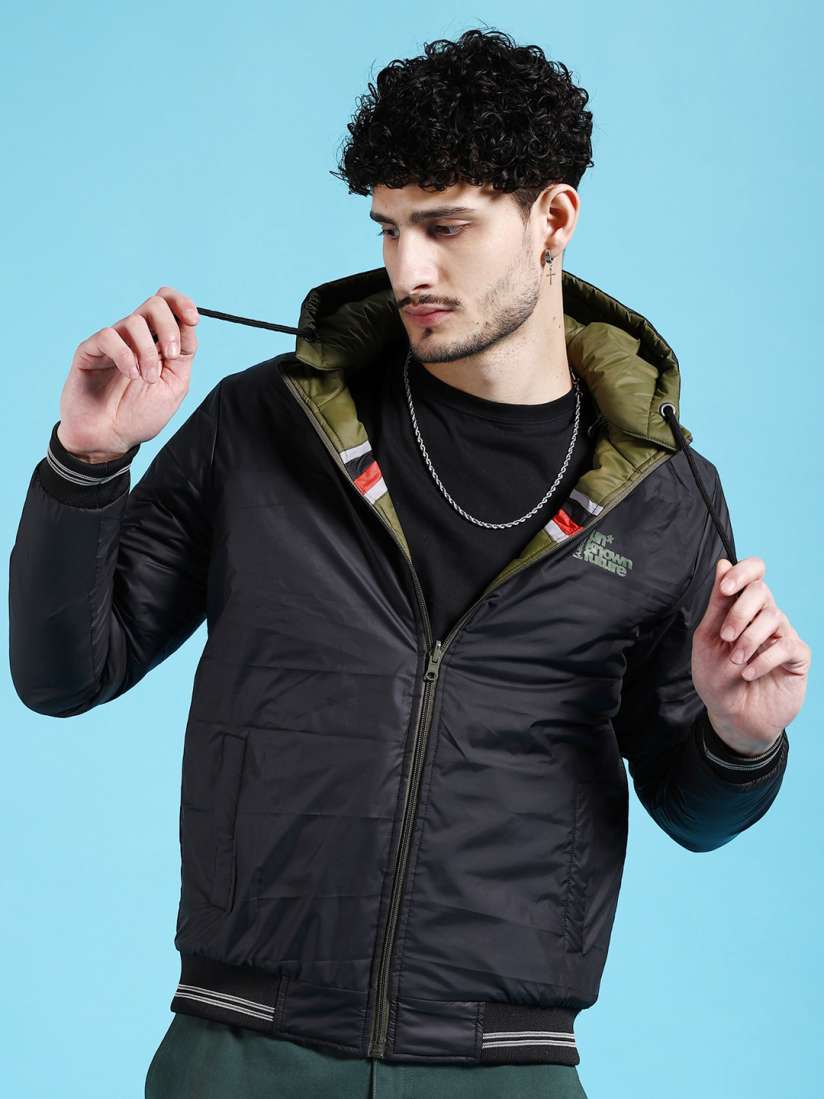 Buy The Indian Garage Co Olive Green Black Hooded Reversible Puffer Jacket Jackets for Men 25704252 Myntra