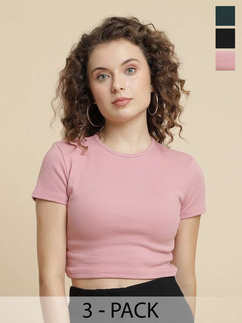 Buy UnaOne Pack Of 3 Ribbed Slim Fit Pure Cotton Crop T shirt Tshirts for Women 25711184 Myntra