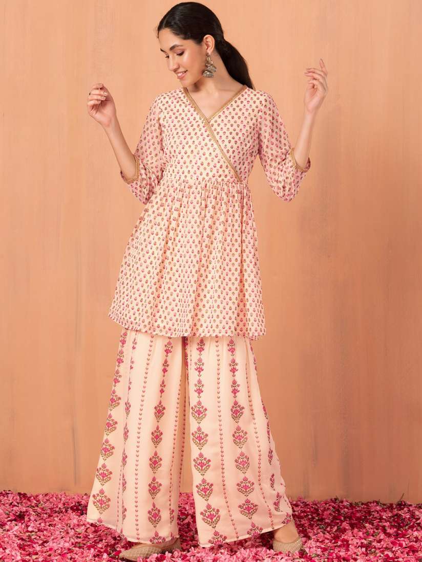 Buy INDYA Ethnic Motifs Printed V Neck Angrakha A Line Kurti With Palazzo Kurta Sets for Women 25712456 Myntra