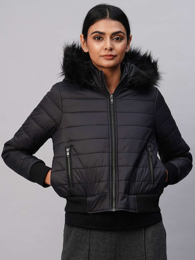 Buy Chemistry Faux Fur Trim Hooded Bomber Jacket Jackets for Women 25715584 Myntra