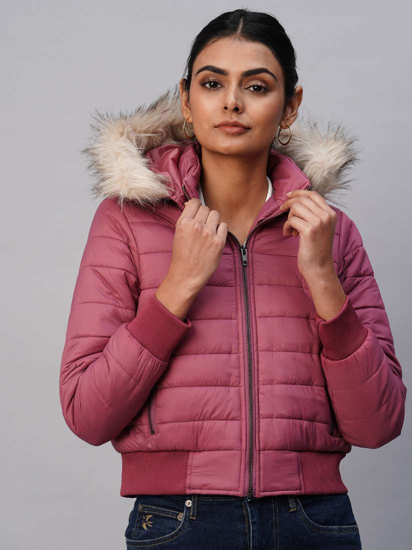 Pink faux fur hooded bomber clearance