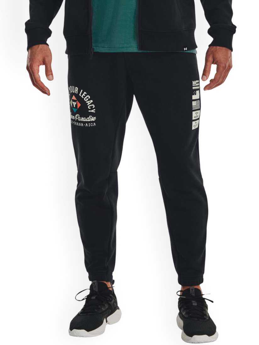 Buy UNDER ARMOUR Men Project Rock Heavyweight Terry Fam Typographic Printed Mid Rise Joggers Track Pants for Men 25716576 Myntra