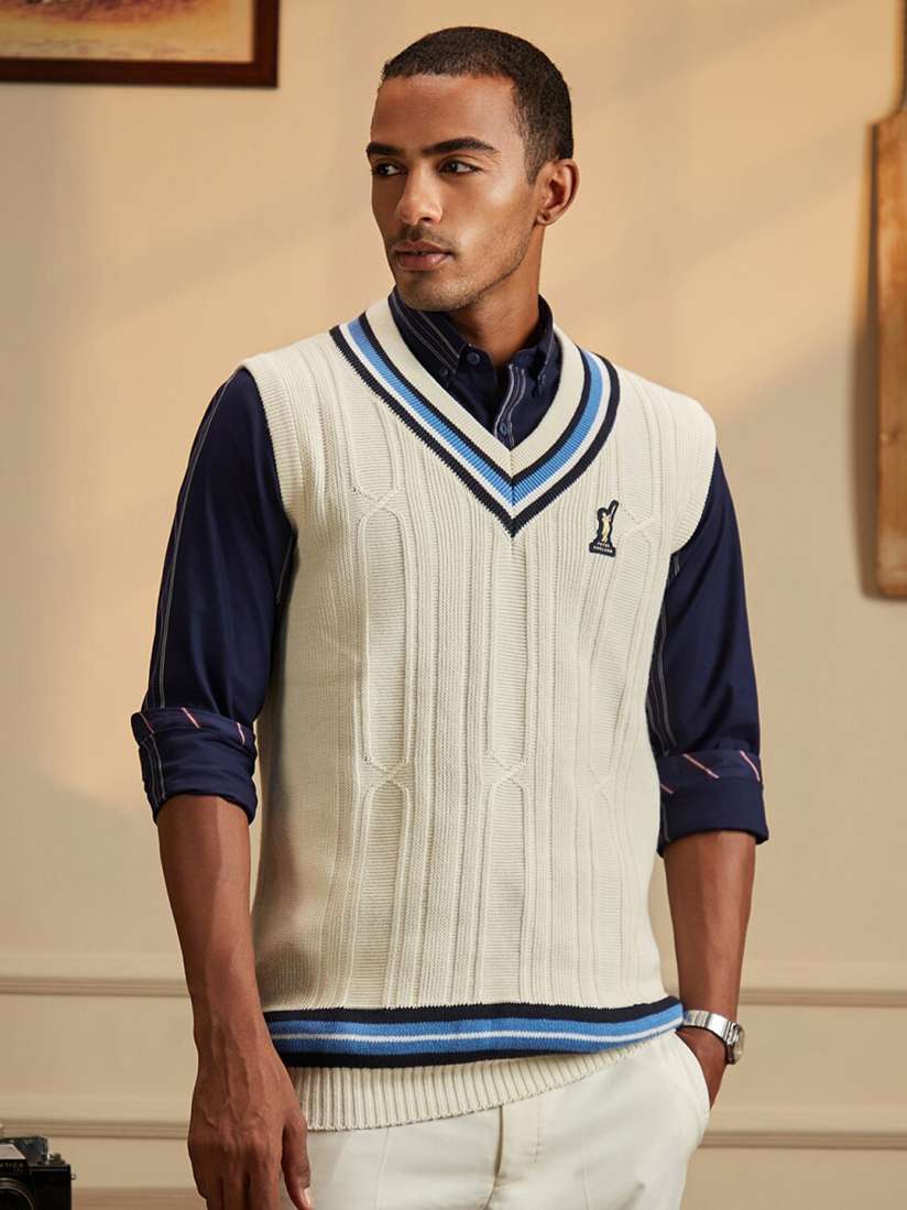 Buy Peter England Casuals Cable Knit Self Design V Neck Cricket Inspired Sweater Vest Sweaters for Men 25747030 Myntra