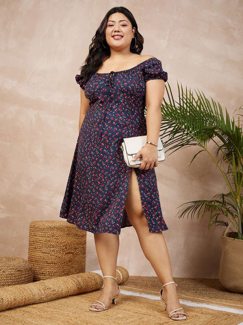 Buy Berrylush Curve Plus Size Navy Blue Floral Printed Off Shoulder A Line Dress Dresses for Women 25764360 Myntra