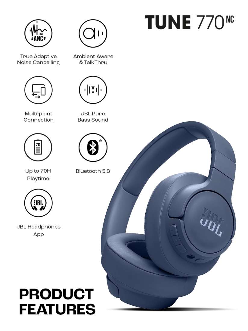 Buy JBL Blue Tune 770NC 70Hr Playtime Fast Pair Multi Connect On Ear Bluetooth Headset Headphones for Unisex 25764794 Myntra