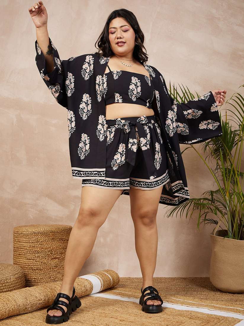 Buy Berrylush Curve Black White Plus Size Floral Printed Crop Top Shorts with Shrug Co Ords for Women 25764830 Myntra
