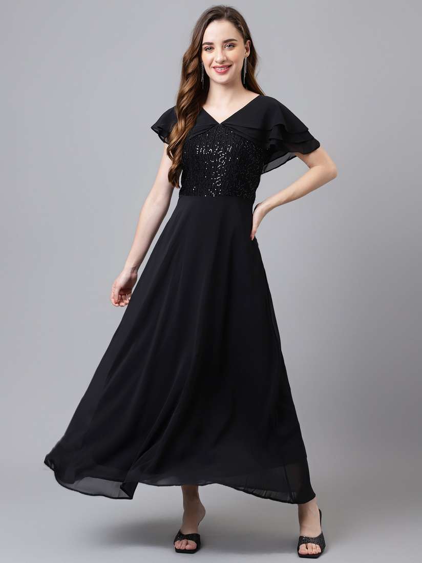 Latin Quarters Black Stretch Maxi Dress Black Short Sleeves V-Neck