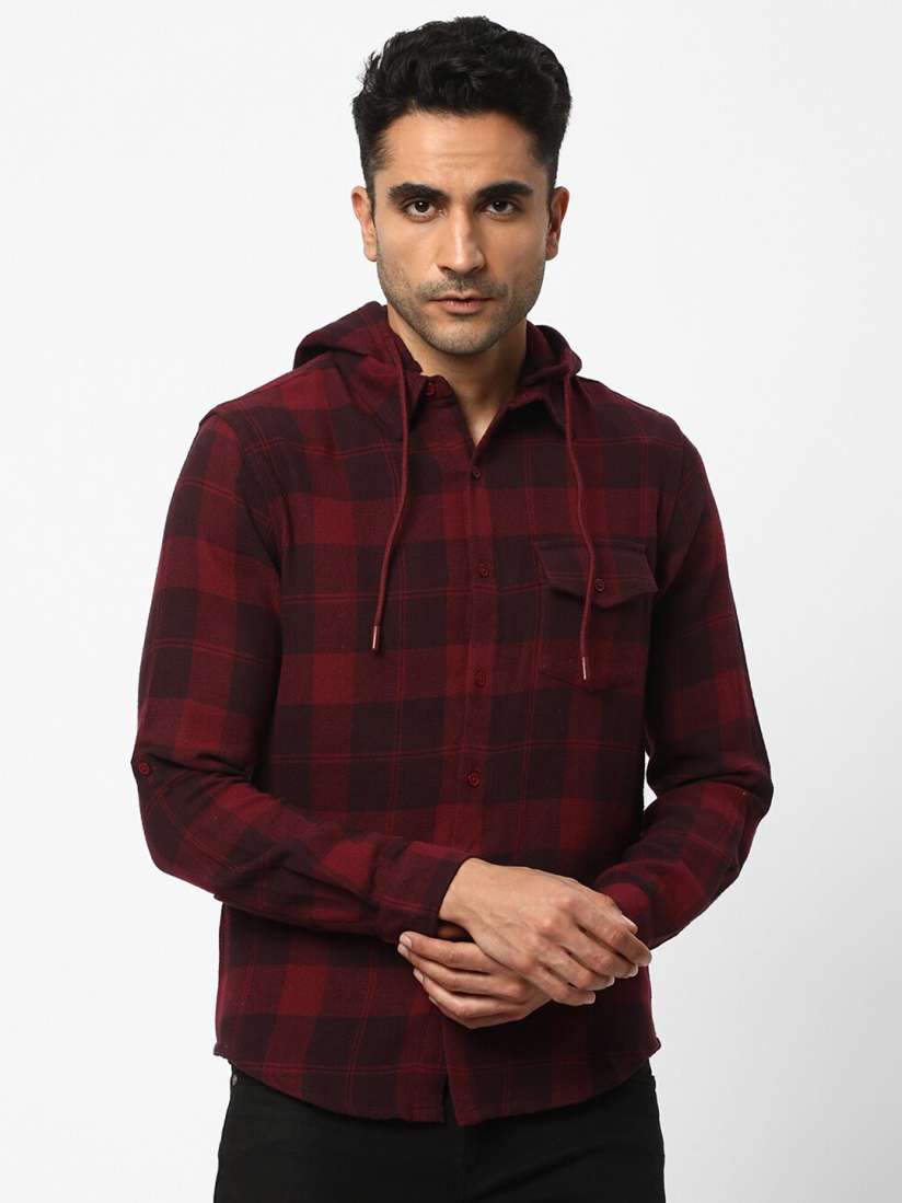 Men gingham hooded shirt store