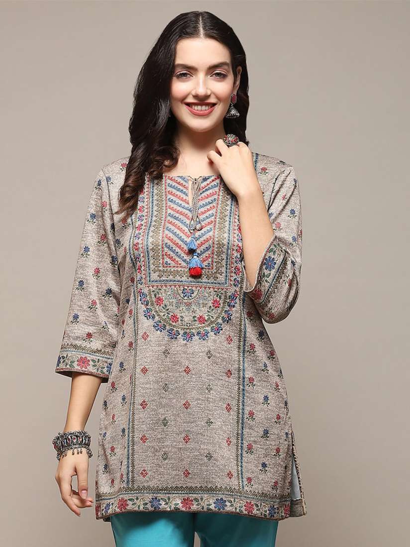 Buy Biba Floral Embroidered Tie Up Neck Straight Kurti Kurtis for Women 25790034 Myntra