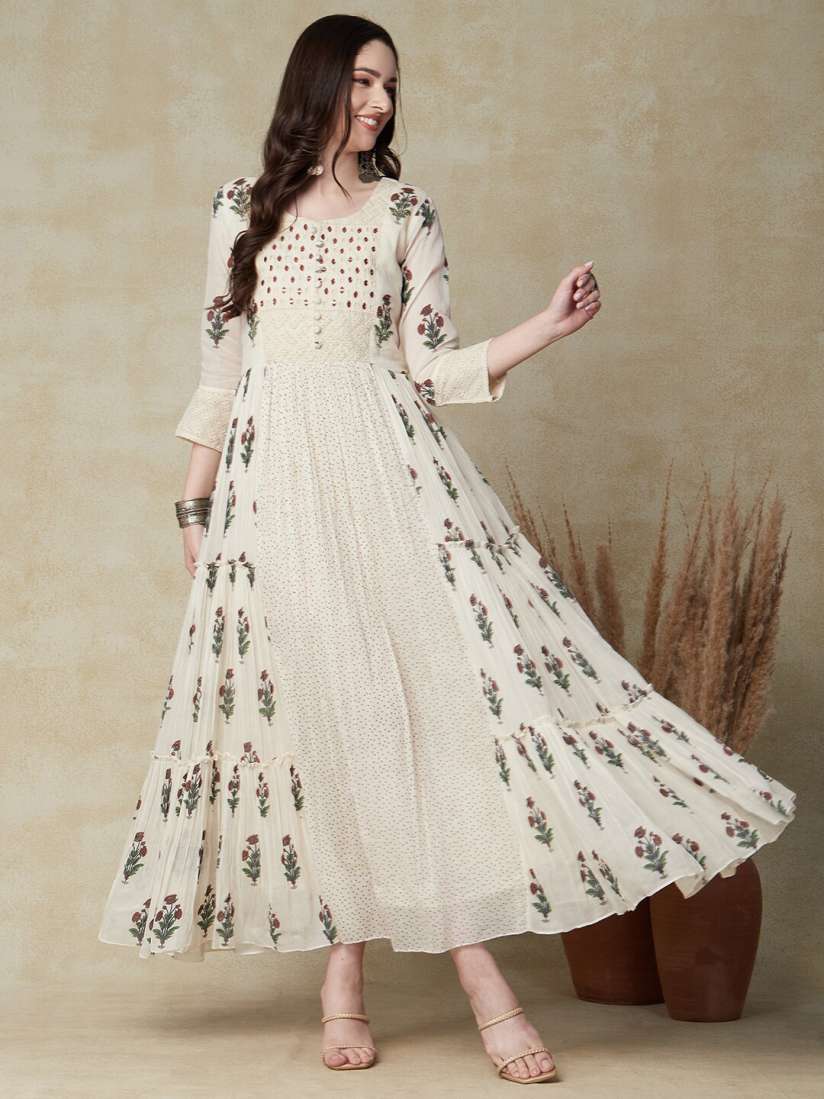 Buy FASHOR Off White Floral Printed Gathered Detail Pure Cotton Maxi Ethnic Dress With Dupatta Ethnic Dresses for Women 25792548 Myntra