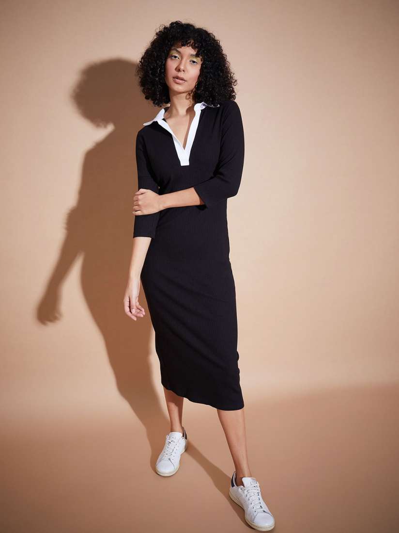Buy SASSAFRAS BASICS Self Design Shirt Collar Cotton Bodycon Midi Dress Dresses for Women 25799652 Myntra