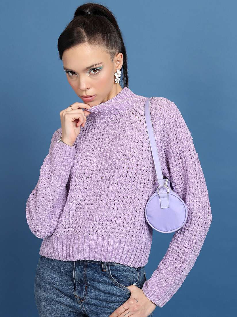 Crop Mauve Turtleneck Sweater Tokyo Talkies Lavender Open Knit