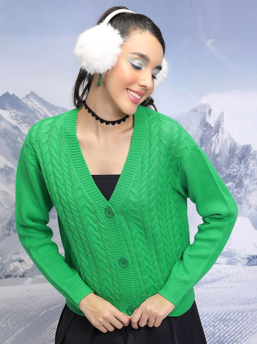 Green Acrylic Knit Sweater Tokyo Talkies Green Cable Knit V-Neck