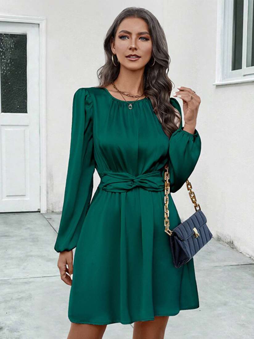 Green fit and flare dress with sleeves outlet