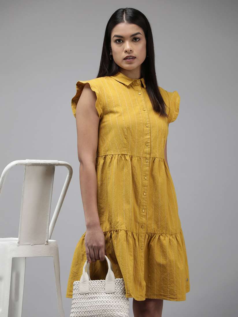 Buy Van Heusen Woman Striped Flutter Sleeve Cotton Linen A Line Tiered Dress Dresses for Women 25840410 Myntra