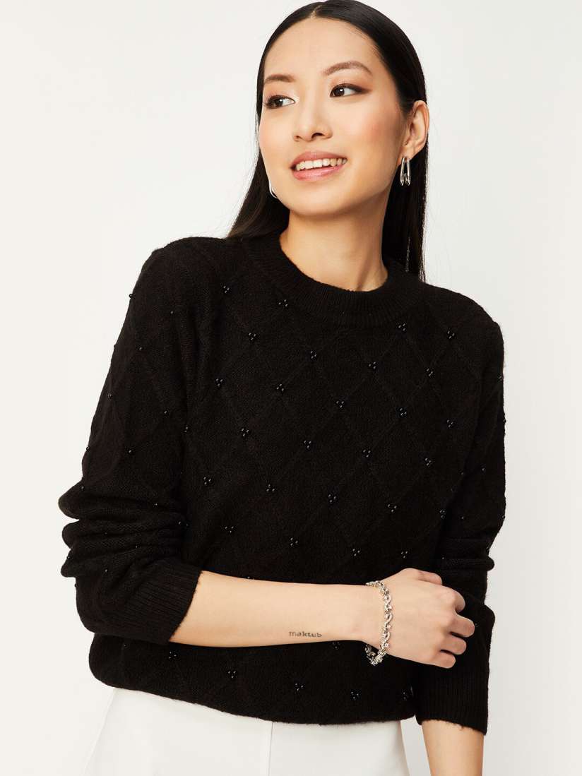 Buy max Embroidered Round Neck Pullover Sweater Sweaters for Women 25850320 Myntra