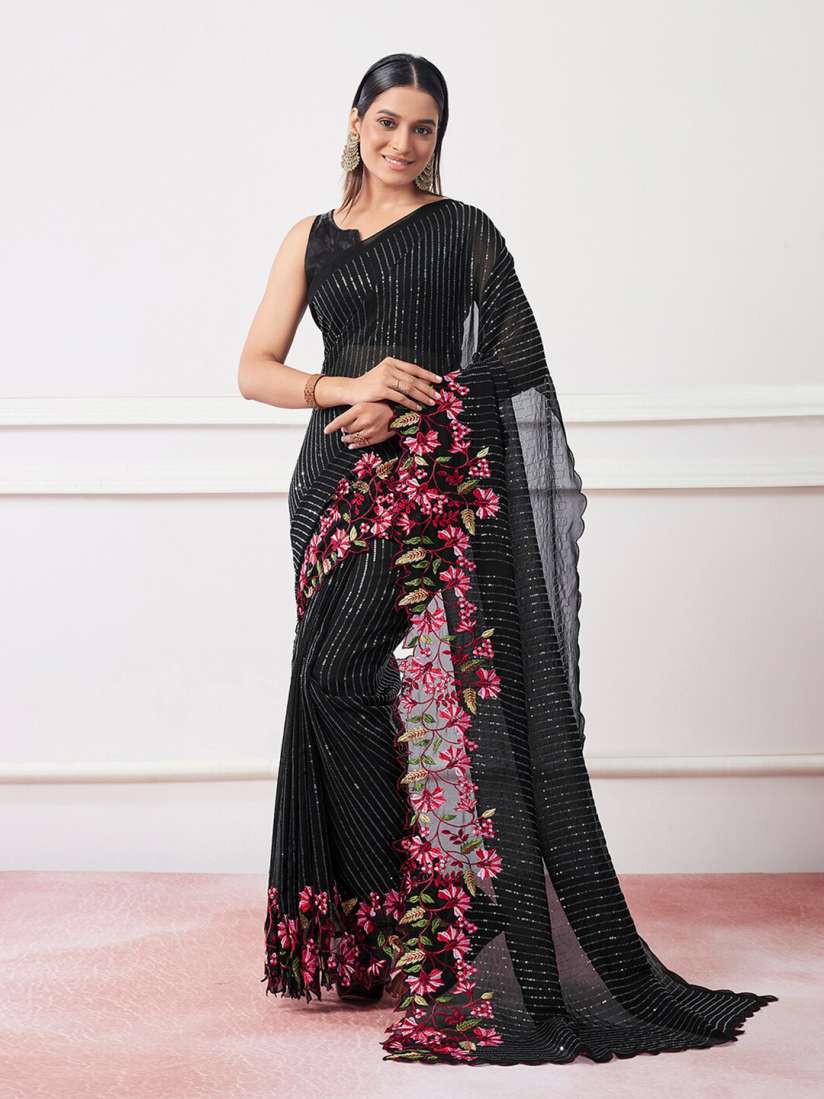 Buy Mitera Black Embellished Sequinned Pure Georgette Party Saree Sarees for Women 25850506 Myntra