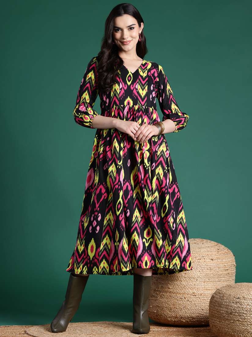 Buy Sangria Ethnic Printed Puff Sleeves Midi Ethnic Dress Ethnic Dresses for Women 25861368 Myntra
