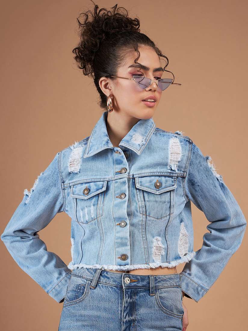 Buy SASSAFRAS Blue Washed Cropped Denim Jacket Jackets for Women 25868876 Myntra