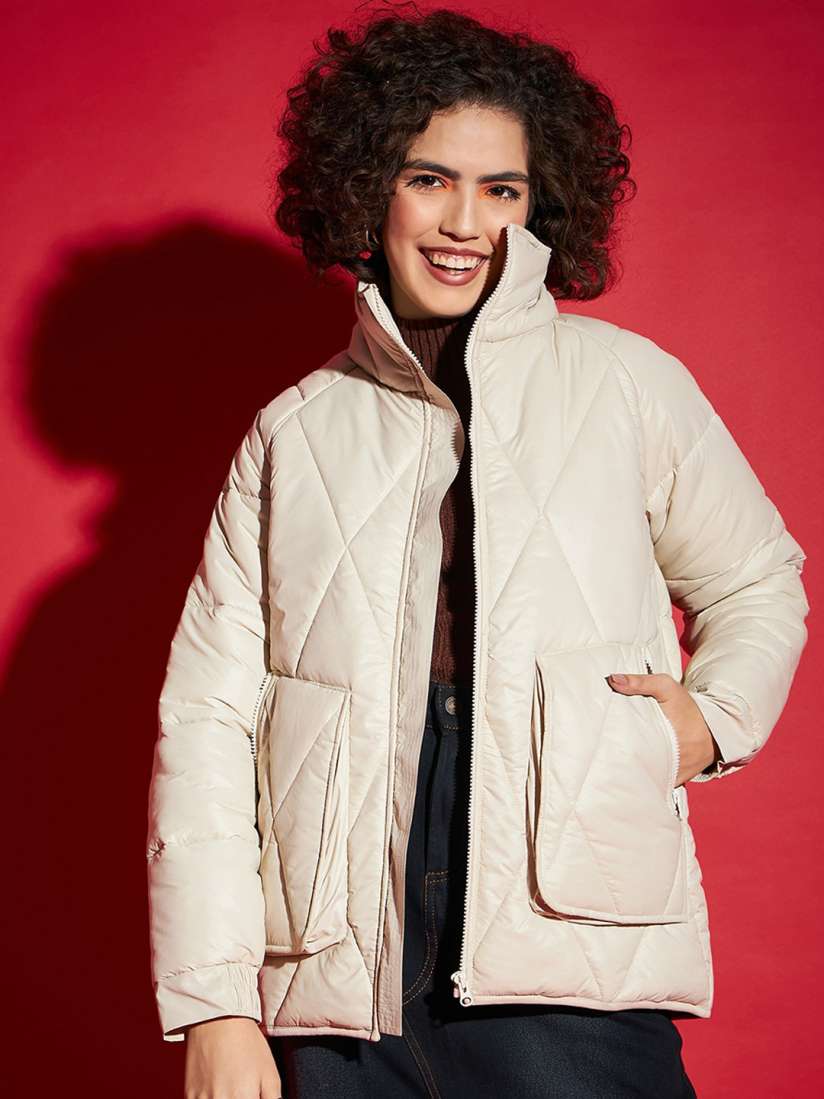 Buy SASSAFRAS Beige Mock Collar Long Sleeves Quilted Jacket Jackets for Women 25874750 Myntra