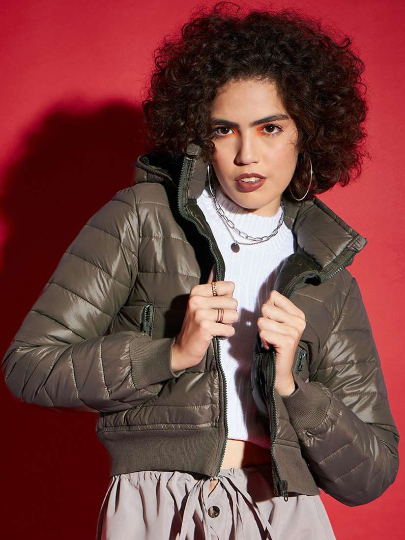 Buy SASSAFRAS Olive Green Hooded Cropped Puffer Jacket Jackets for Women 25874776 Myntra