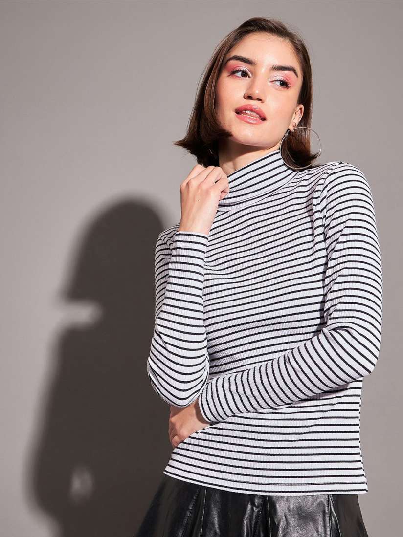 High neck black and white striped top cheap