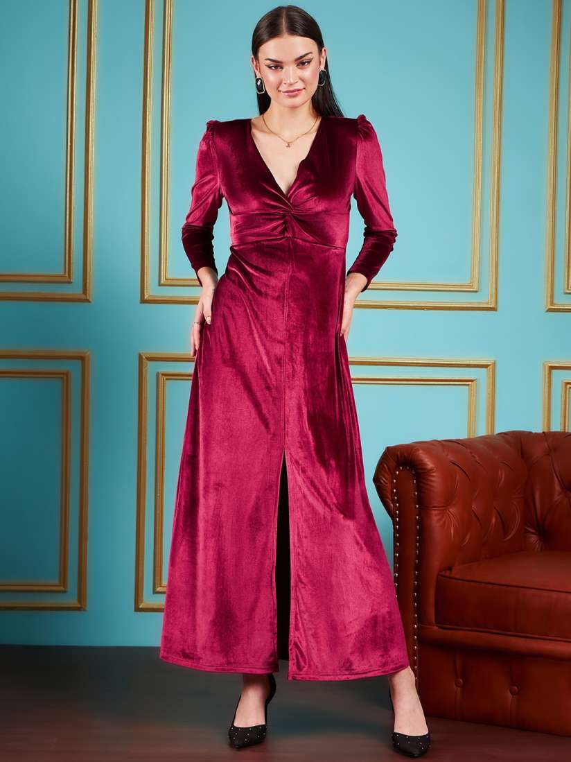 Buy SASSAFRAS Maroon V Neck Puff Sleeves Velvet Maxi Party Dress Dresses for Women 25875460 Myntra