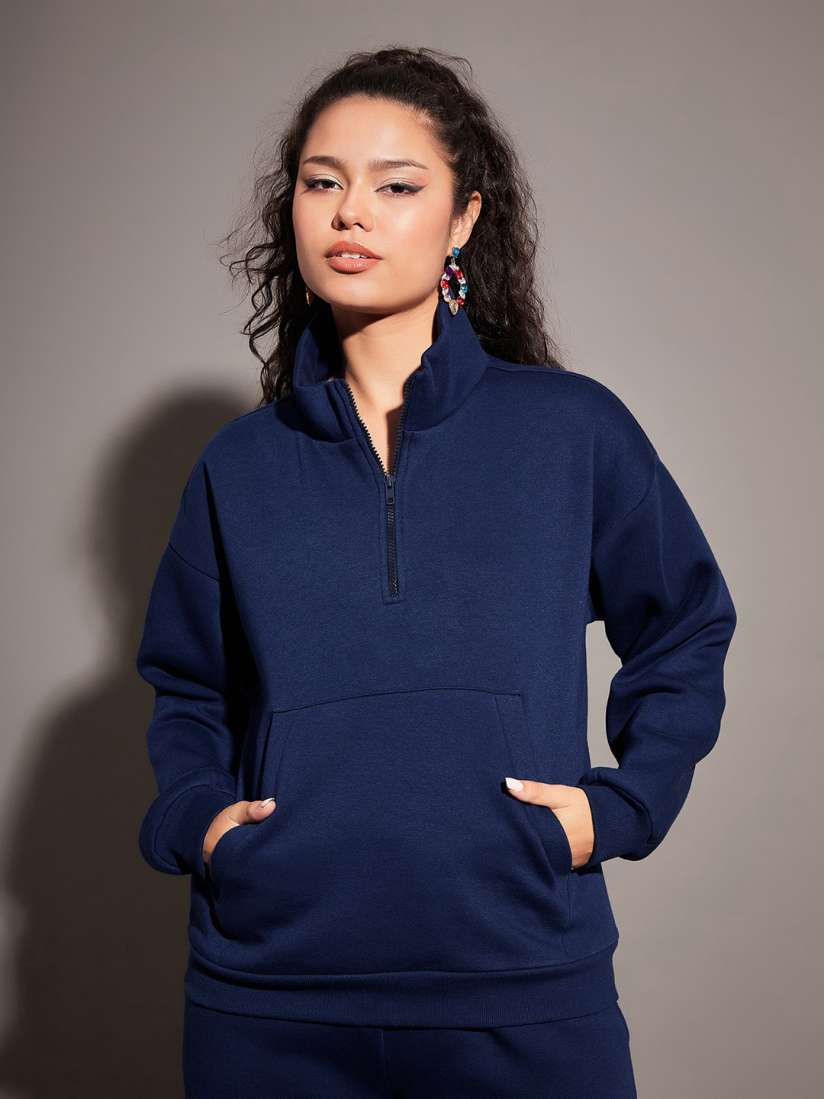 Buy SASSAFRAS Navy Blue Mock Collar Sweatshirt Sweatshirts for Women 25875590 Myntra