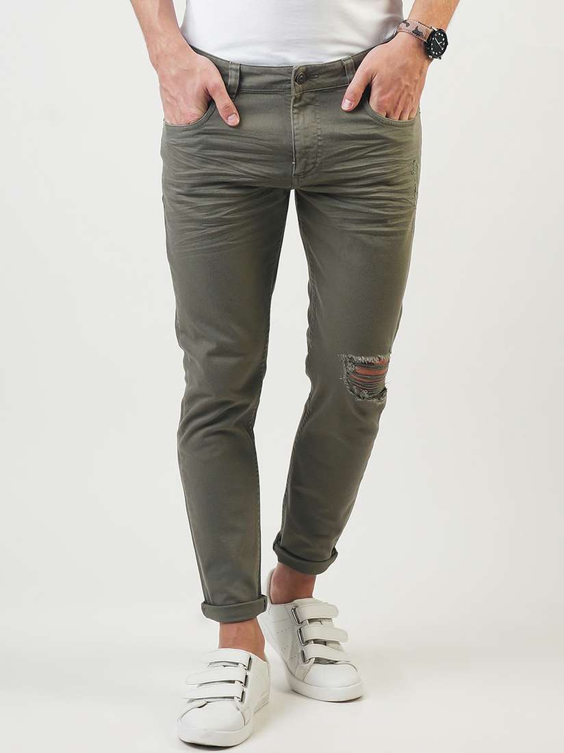 Khaki Green Ripped Jeans Blue Saint Men Olive Green Slim Fit Mid
