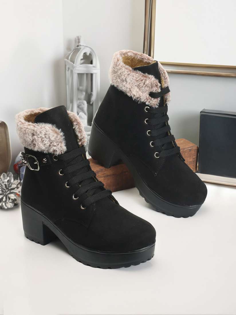 Buy The Roadster Lifestyle Co. Women Black Mid Top Platform Heel Winter Boots Buckle Detail Boots for Women 25878050 Myntra