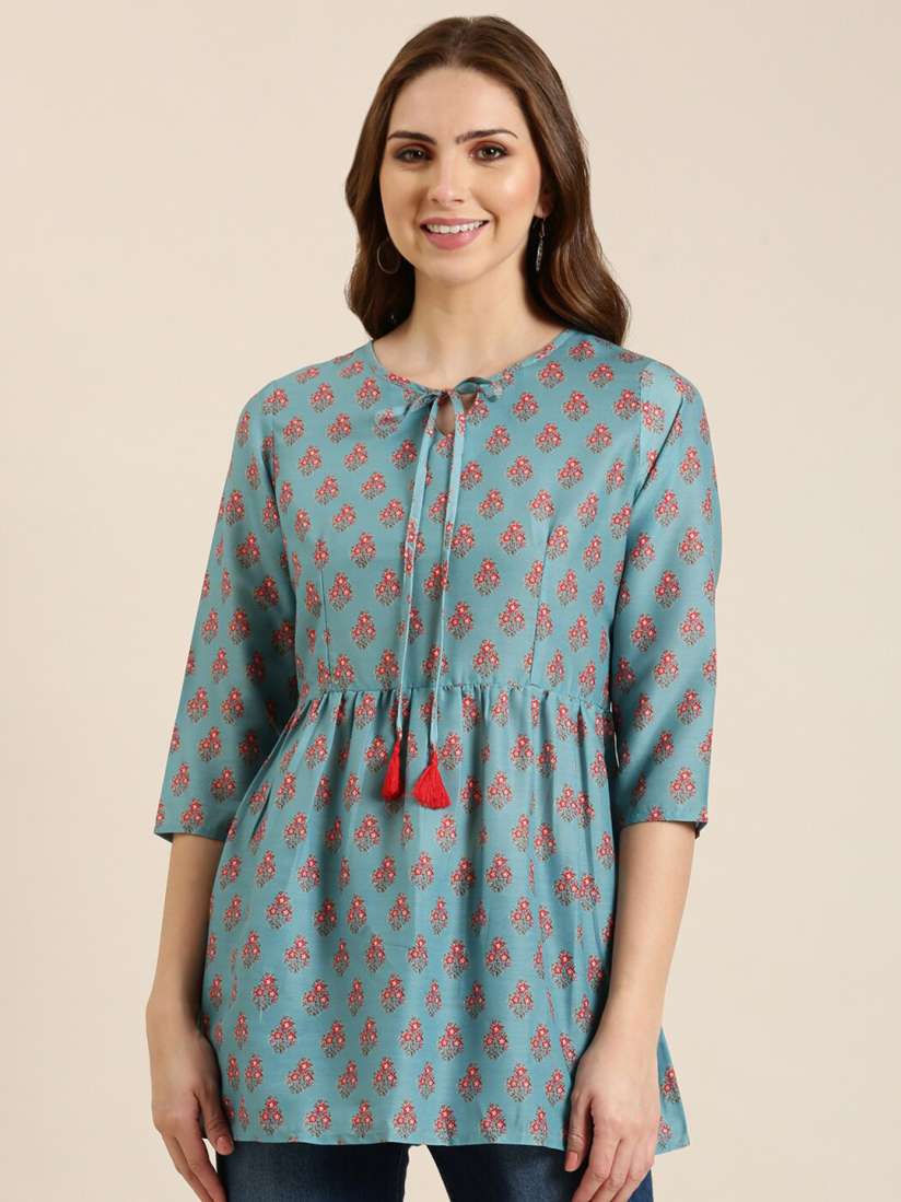 Buy SHOWOFF Floral Printed Tie Up Neck A Line Kurti Kurtis for Women 25903488 Myntra