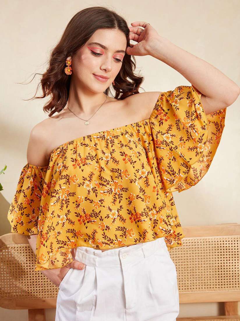 Buy Berrylush Mustard Yellow Floral Printed Off Shoulder Bardot Crop Top Tops for Women 25907248 Myntra