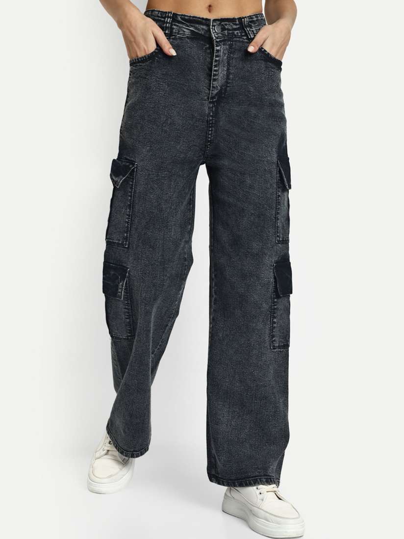Buy Next One Women Smart Wide Leg High Rise Clean Look Stretchable Denim Cargo Jeans for Women 25910502 Myntra