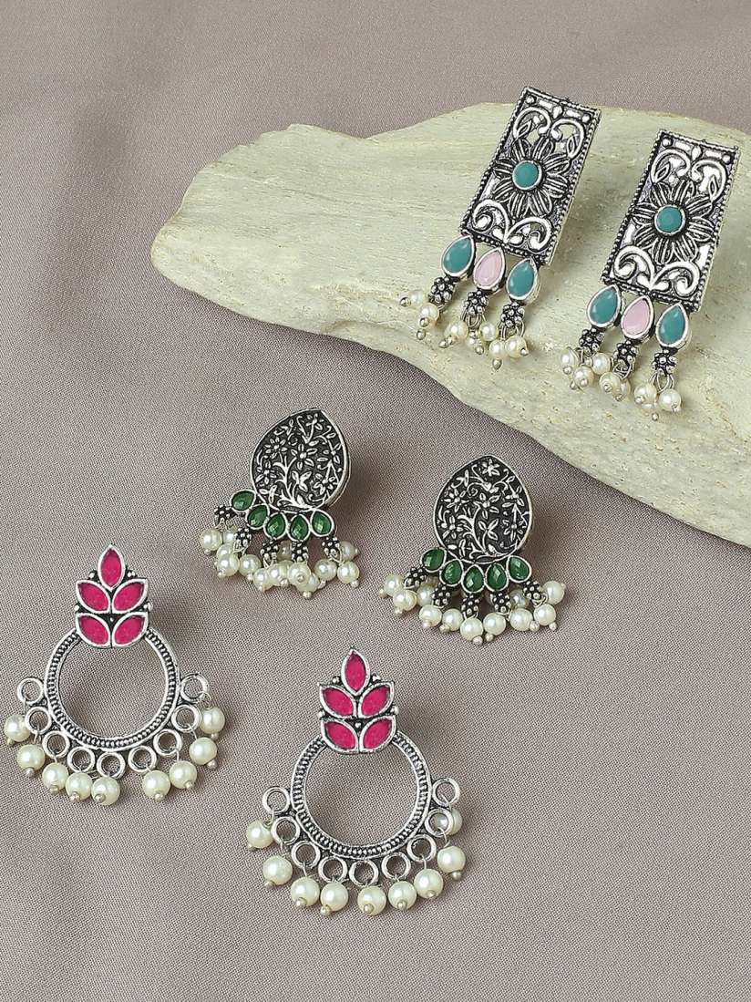 Buy OOMPH Set Of 3 Stones Studded Beads Beaded Oxidised Floral Drop Earrings Earrings for Women 25910972 Myntra
