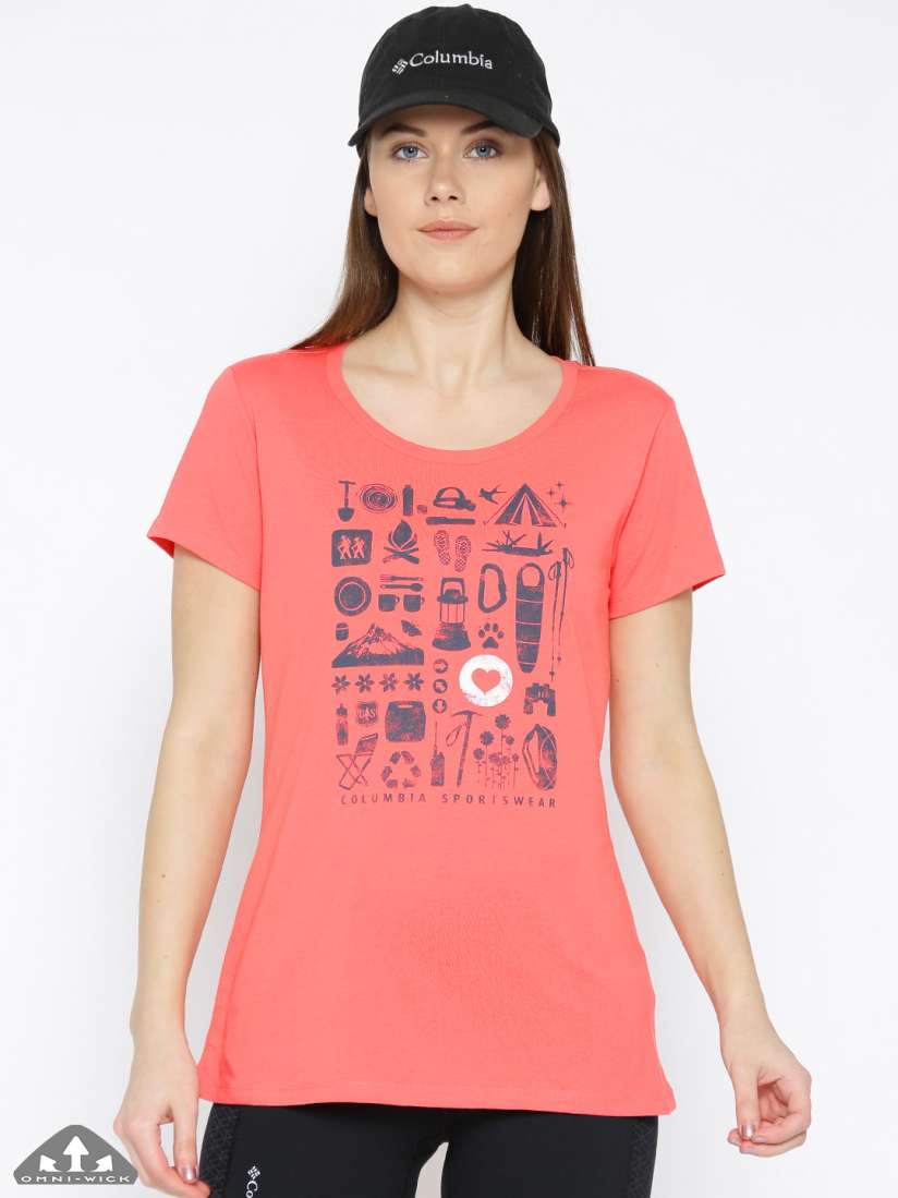 Buy Columbia Women Coral Pink Printed Omni Heat Infinity Camp Stamp Performance Hiking T shirt Tshirts for Women 2591631 Myntra