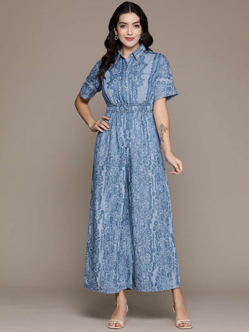 Buy Label Ritu Kumar Tencel Floral Print Denim Jumpsuit Jumpsuit for Women 25945520 Myntra