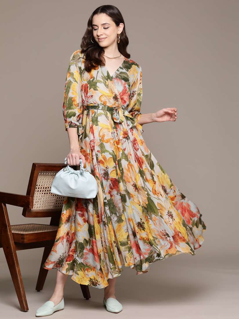 Buy Ritu Kumar Floral Print Puff Sleeve Satin Maxi Dress Dresses for Women 25945876 Myntra