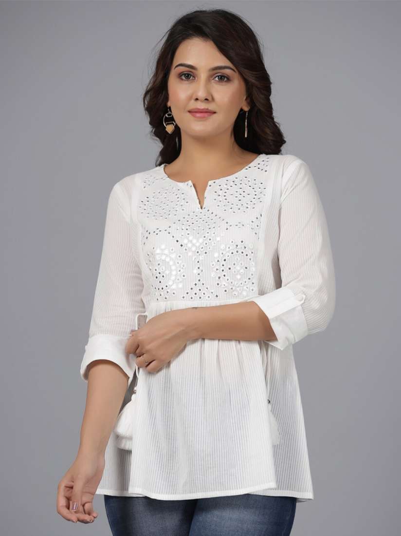 Buy Juniper Striped Printed Round Neck Three Quarter Sleeve A Line Mirror Work Cotton Kurti Kurtis for Women 25976680 Myntra