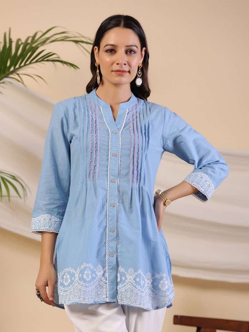 Buy Juniper Ethnic Motifs Mandarin Collar Three Quarter Sleeves Cotton Kurti Kurtis for Women 25976844 Myntra