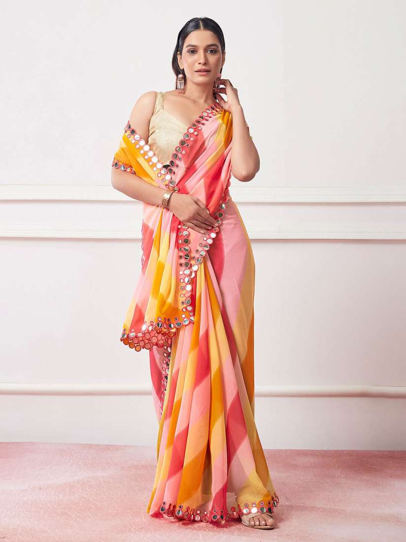Buy Kalista Yellow Striped Mirror Work Detailed Pure Georgette Saree Sarees for Women 25980298 Myntra