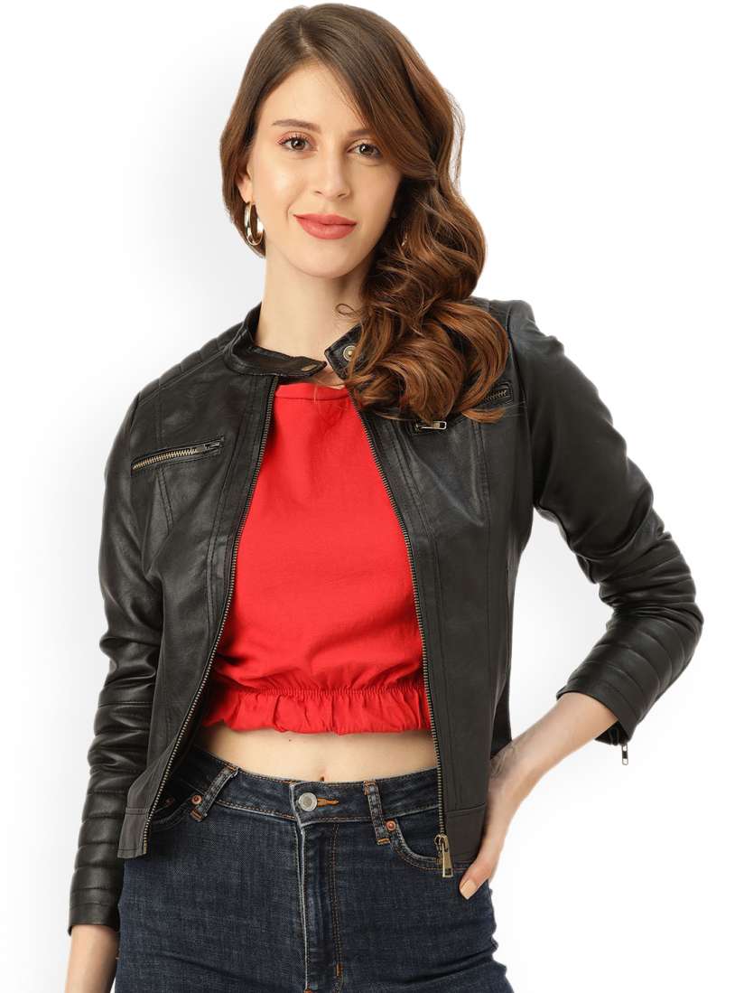 Mandarin collar leather jacket womens store